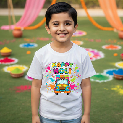 New Born & Baby Clothing | Happy Holi Kid's T-shirt | White Soft Cotton