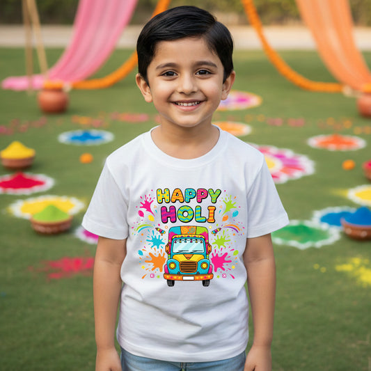 New Born & Baby Clothing | Happy Holi Kid's T-shirt | White Soft Cotton