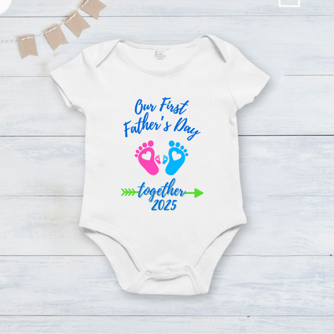Our First Father's Day Together Footprint baby onesie _white