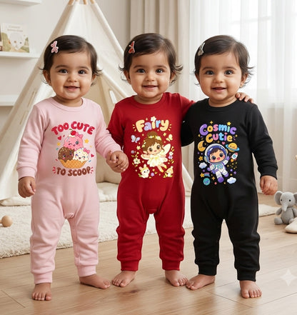 Karmikh Baby Girl Romper Combo of 3 | Too Cute to Scoop, Fairy & Cosmic Cutie | Full Sleeve Cotton Rompers