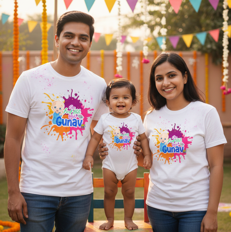 Matching My First Holi Family T-Shirts | Our First Holi With Customized Baby Name Printed | Cotton Set