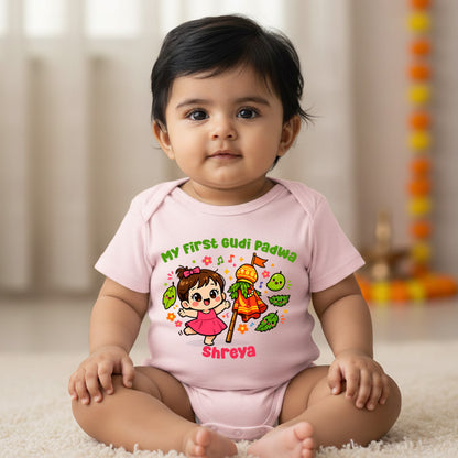New Born & Baby Clothing | Baby’s First Gudi Padwa With Customized Baby Girl Name | Soft Pink Onesies Cotton