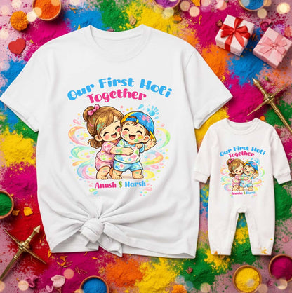 New Born & Baby Clothing | Our First Holi Together Siblings White Twinning Holi T-shirts  Outfits With Customized Baby Name |  | Soft Cotton
