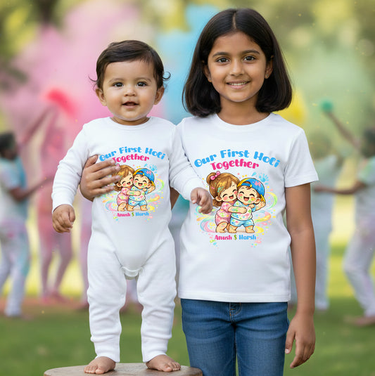 New Born & Baby Clothing | Our First Holi Together Siblings White Twinning Holi T-shirts  Outfits With Customized Baby Name |  | Soft Cotton