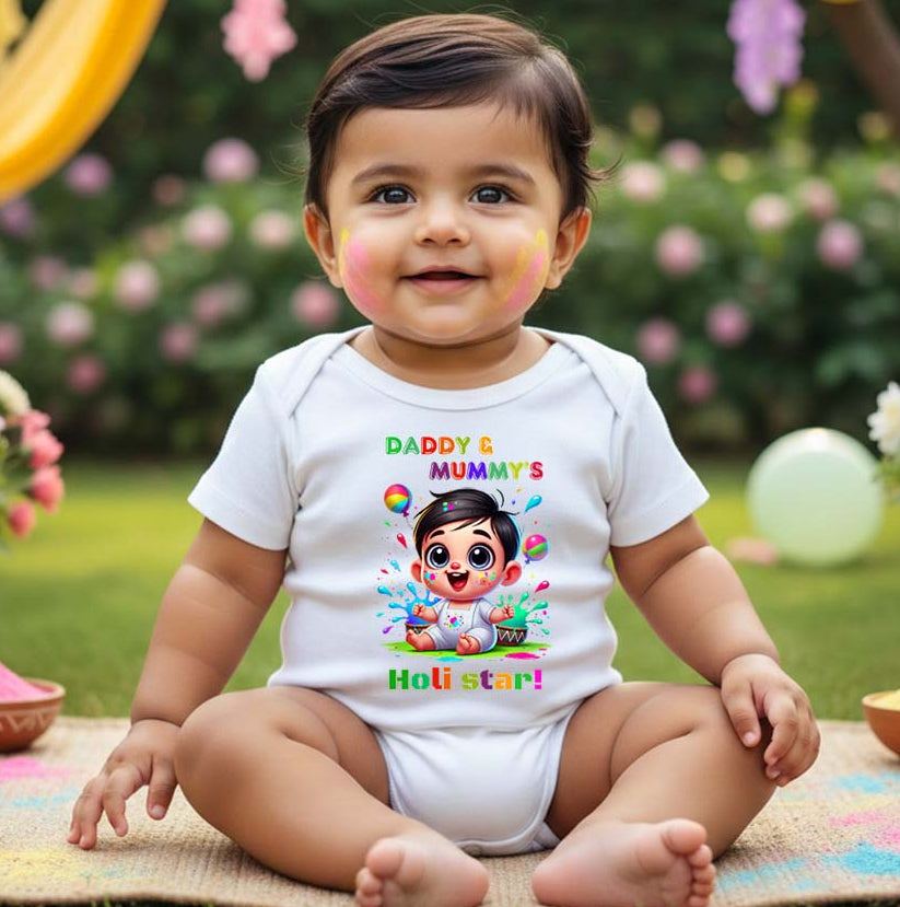 New Born & Baby Clothing | Baby My First Holi  Daddy & Mommy Holi Star Dress | Soft Cotton