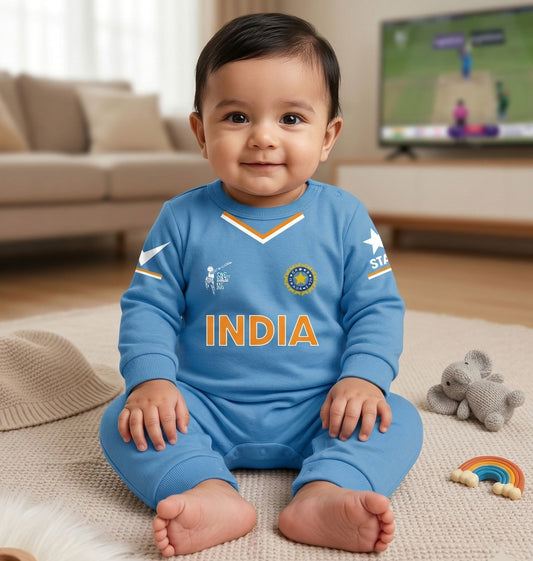 Newborns & Infants | Cute Indian Jersey Baby Photoshoot Outfit With Customized Baby Name | Soft  Blue Romper Cotton