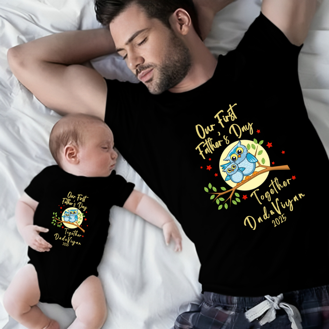 Our First Father's Day Twinning Sets T-shirt and onesie customized  baby name _black onesie