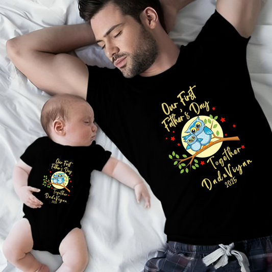 Our First Father's Day Twinning Sets T-shirt and onesie customized  baby name _black onesie