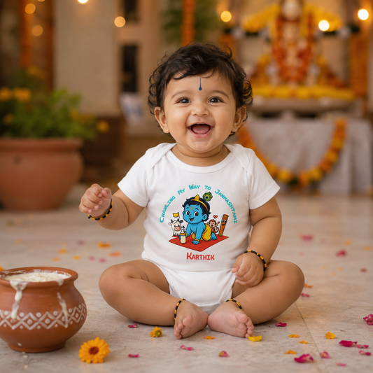 Crawling My Way To Janmashtami with customised baby name _White Onesie