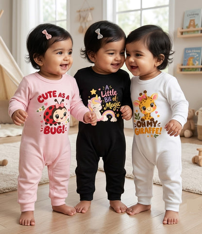 Karmikh Baby Girl Romper Combo of 3 | Cute as a Bug, Little Bit of Magic & Oh My Giraffe | Full Sleeve Baby Rompers