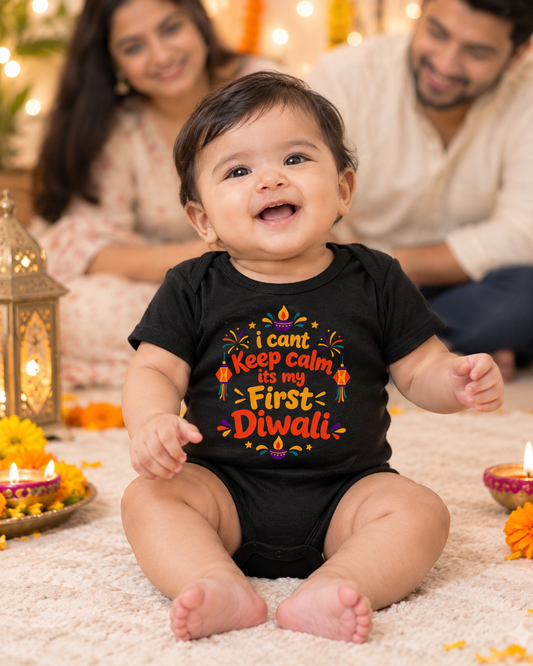 New Born | I Can't Keep Calm It's My First Diwali | Pure Cotton Black Onesie