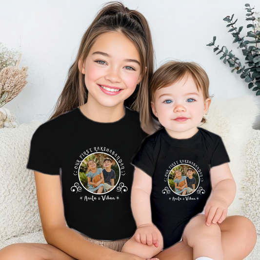 Combo pack of Our First Raksha Bandhan with Customised Name & Picture_ Black Tees & Onesie