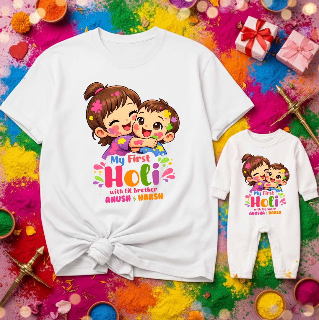 New Born & Baby Clothing | Our First Holi With Big Sister Twinning Holi Outfits With Customized Baby Name |  | Soft Cotton