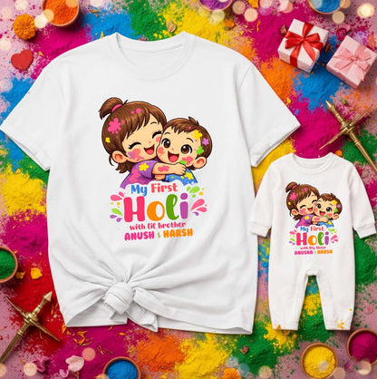 New Born & Baby Clothing | Our First Holi With Big Sister Twinning Holi Outfits With Customized Baby Name |  | Soft Cotton