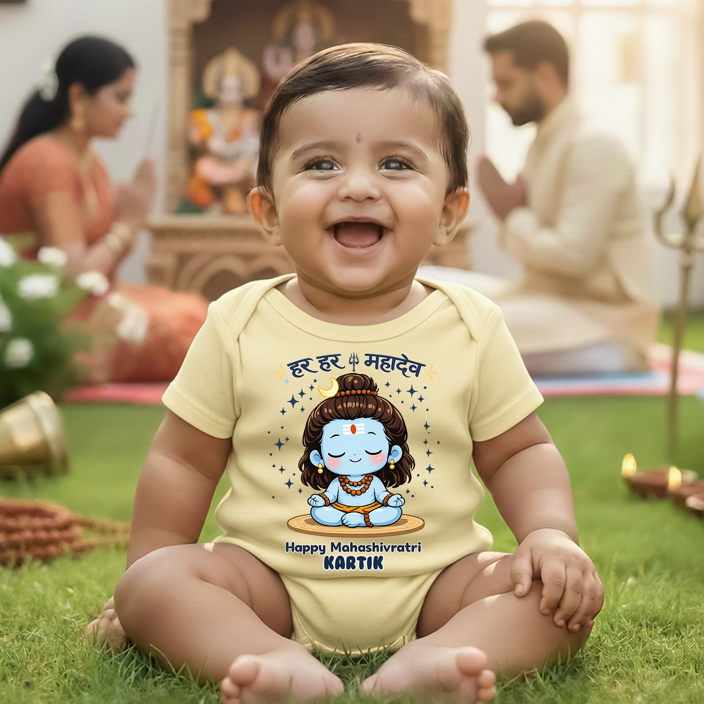 New Born & Baby Clothing | Hara Hara Mahadev With Customized Baby Name Yellow Dress | Soft  Cotton