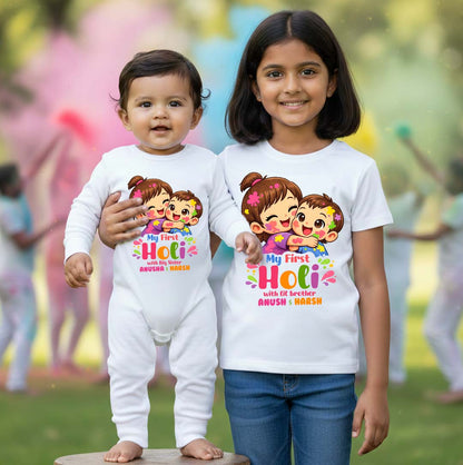 New Born & Baby Clothing | Our First Holi With Big Sister Twinning Holi Outfits With Customized Baby Name |  | Soft Cotton