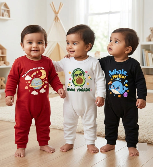Karmikh Baby Romper Combo of 3 | My Little Universe, Aww-vocado & Whale Hello | Full Sleeve Baby Rompers