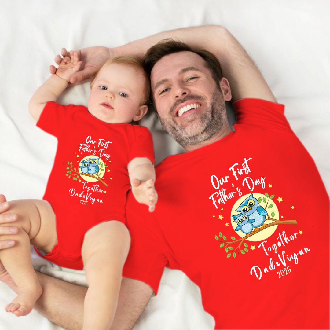 Our First Father's Day Twinning Sets T-shirt and onesie customized  baby name _red onesie