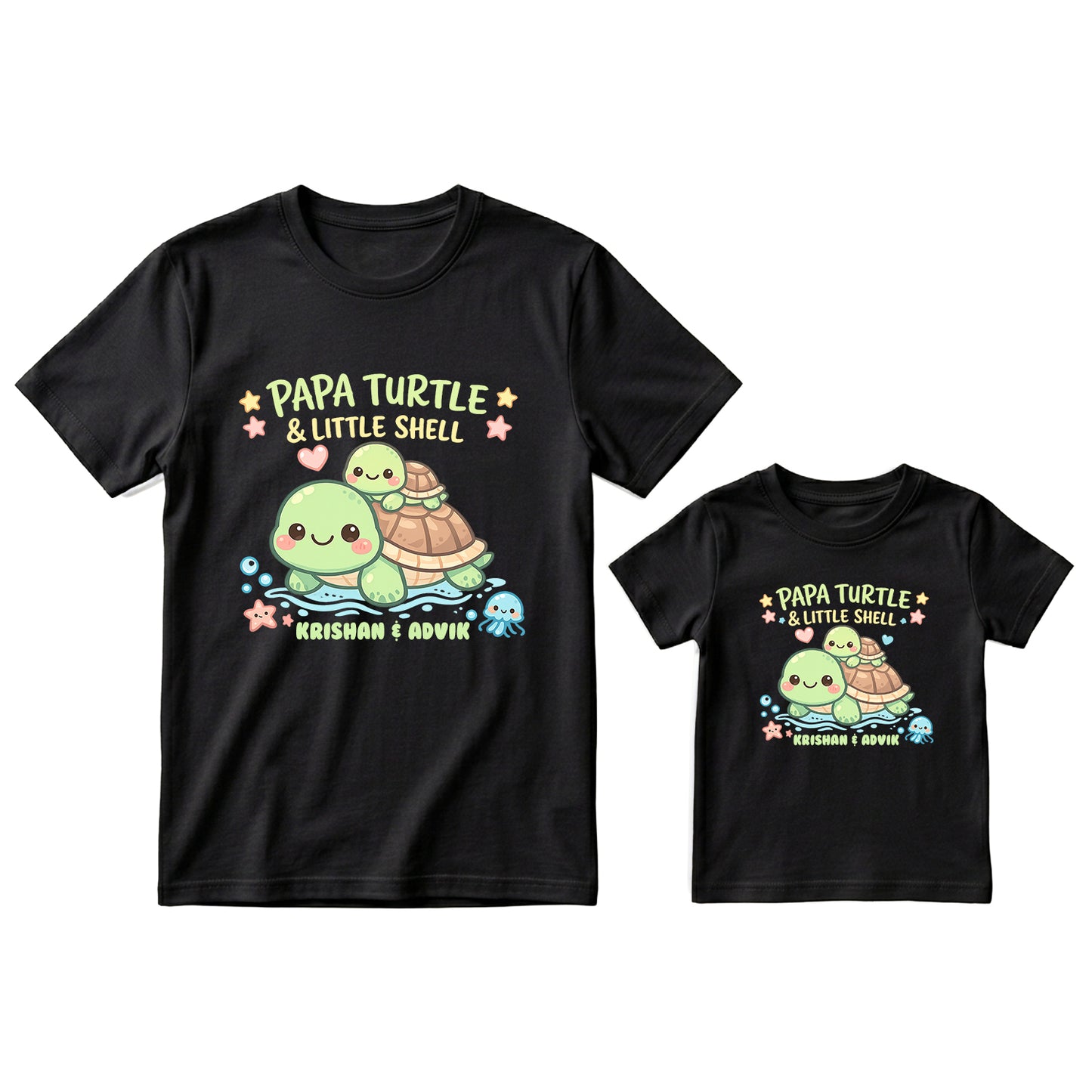 New Born & Baby Clothing | Papa Turtle & Baby Turtle Together Father & Son Twinning Black Sets | Soft T-shirt