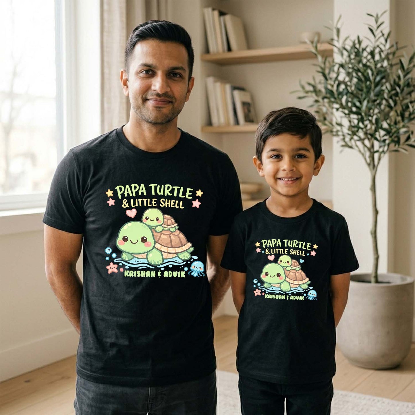 New Born & Baby Clothing | Papa Turtle & Baby Turtle Together Father & Son Twinning Black Sets | Soft T-shirt