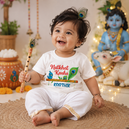 Natkhat Kanha with customised name _ White Tee