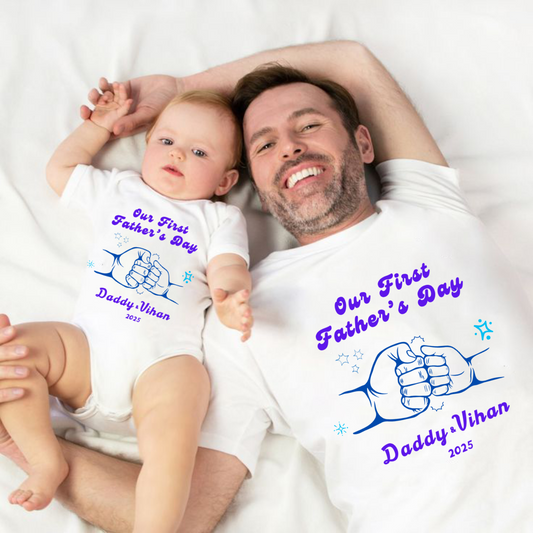 Our First Father's Day Twinning Sets T-shirt and onesie customized baby name _white