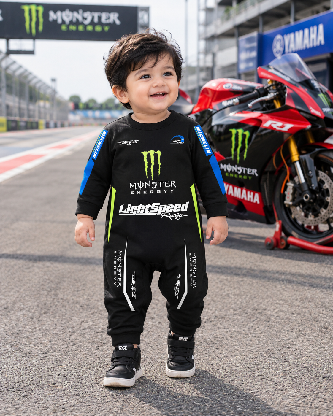 New Born & Baby clothing | Little Speedster – Personalized Racing Romper with Customized Baby Name Printed | Soft Black Full Romper Cotton