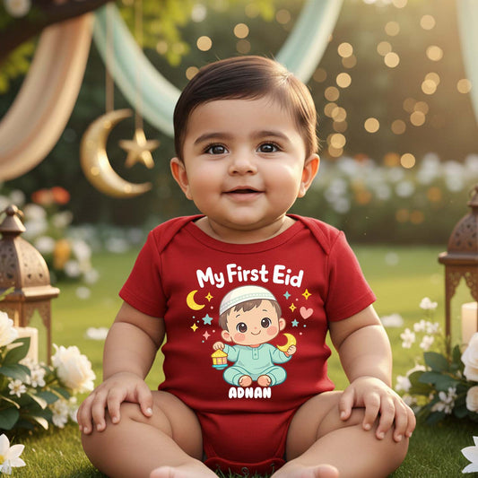Newborn & Baby Clothing | First Eid With Personalized Name | Soft  Red Cotton