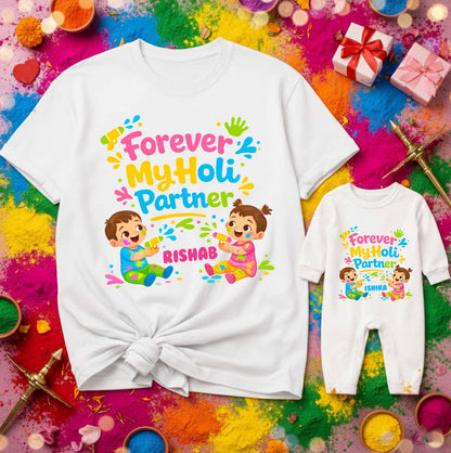 New Born & Baby Clothing | Forever My Holi Partner Twinning Holi Outfits With Customized Baby Name |  | Soft Cotton
