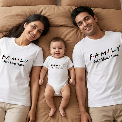 New Born & Baby Clothing | Family Dad+Mom = Kid customized Baby Name T-shirts & Bodysuite White Combo | Soft Cotton