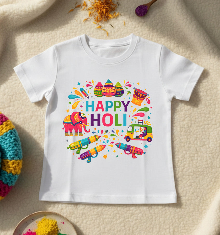 New Born & Baby Clothing | Happy First Holi White T-shirt | Soft Cotton