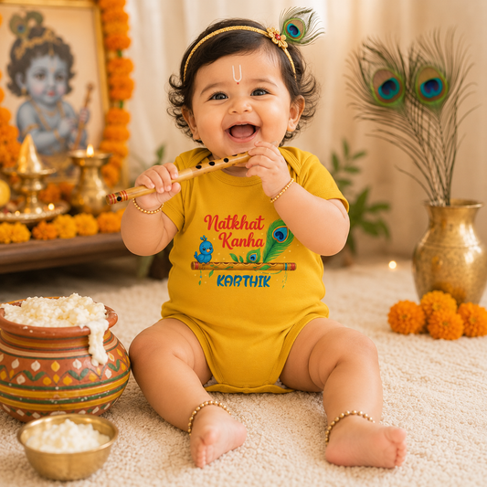 Natkhat Kanha with customised baby name _Yellow Onesie