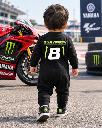 New Born & Baby clothing | Little Speedster – Personalized Racing Romper with Customized Baby Name Printed | Soft Black Full Romper Cotton