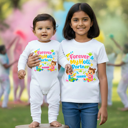 New Born & Baby Clothing | Forever My Holi Partner Twinning Holi Outfits With Customized Baby Name |  | Soft Cotton