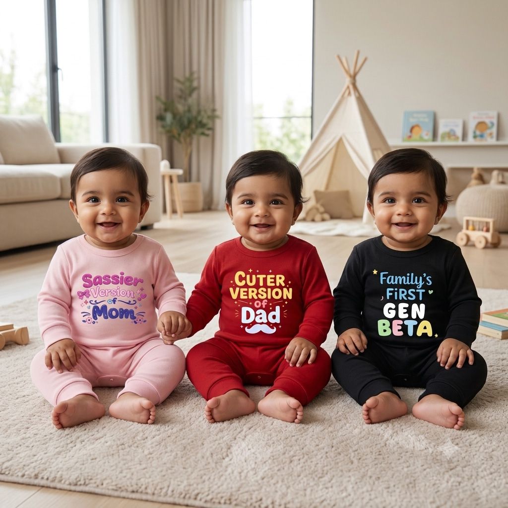 Karmikh Baby Romper Combo of 3 | Sassier Version of Mom, Cuter Version of Dad & Family’s First Gen Beta | Full Sleeve Baby Romper