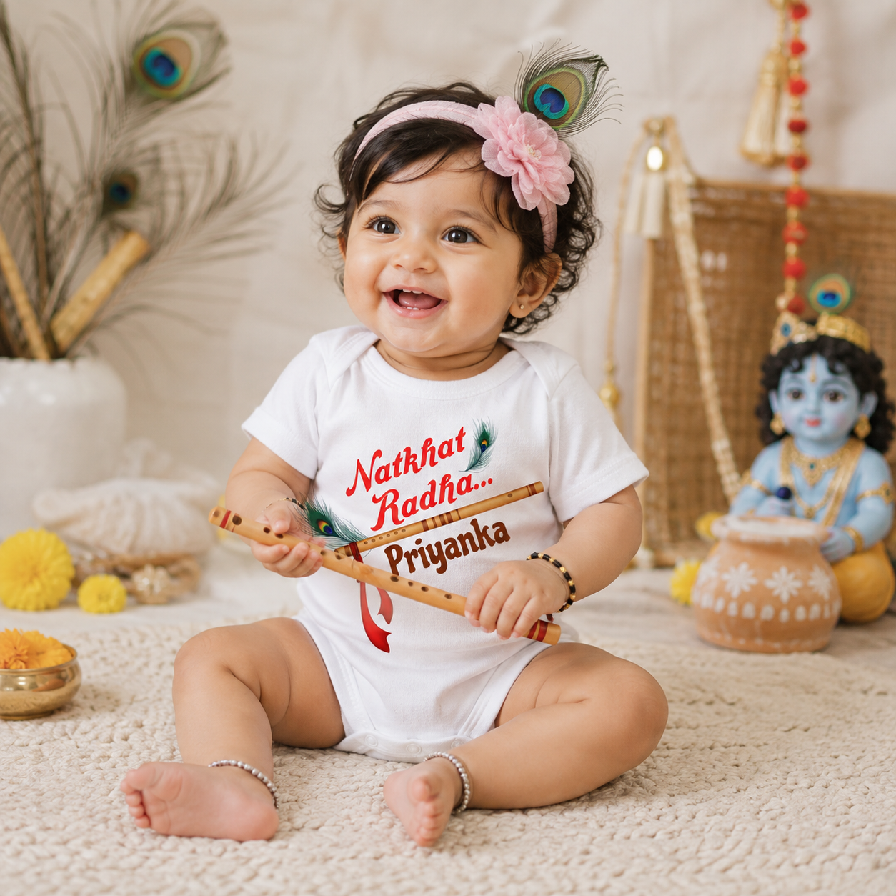 Natkhat Radha with customised name _White Onesie