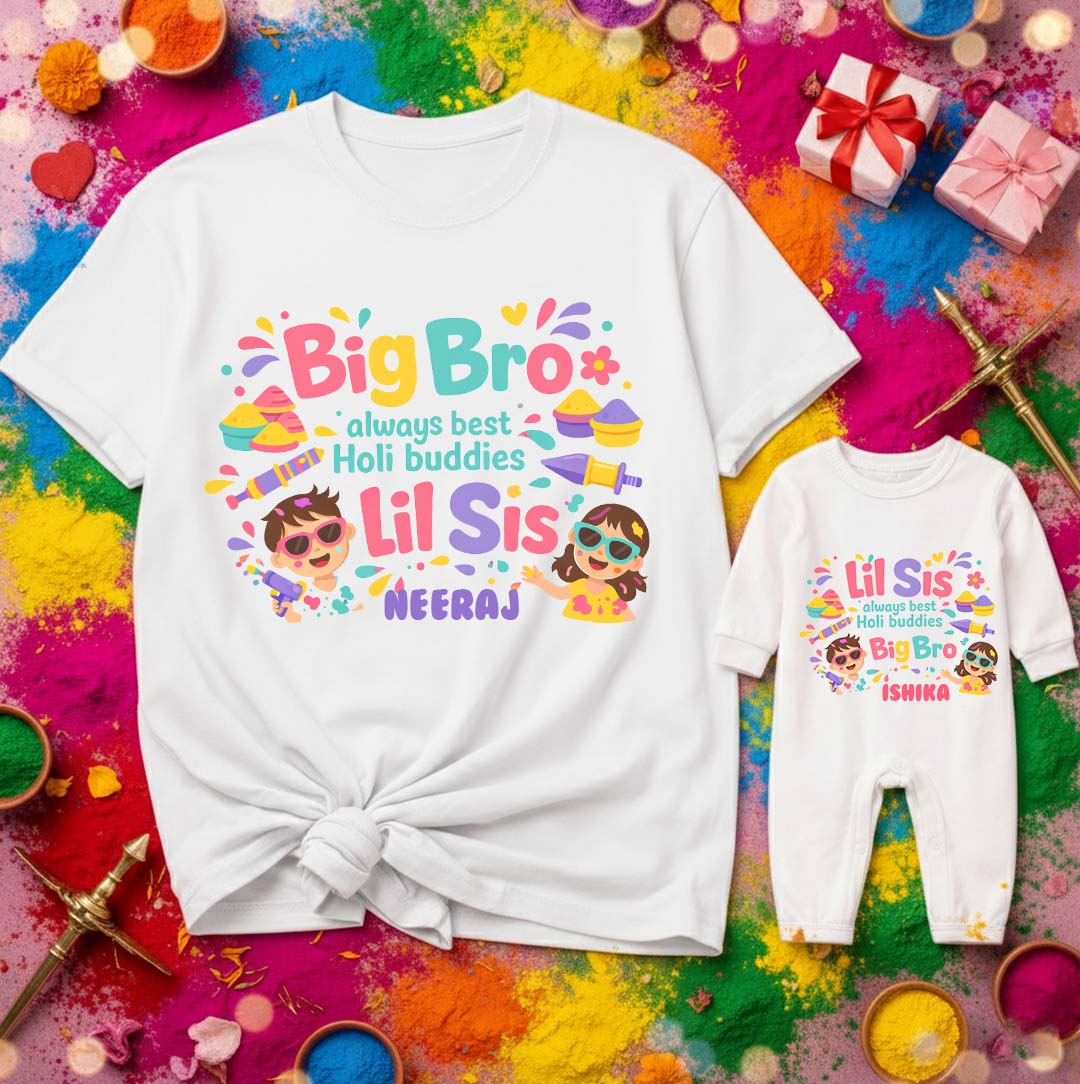 New Born & Baby Clothing | Lil Sis Big Bro Twinning Holi Outfits With Customized Baby Name |  | Soft Cotton