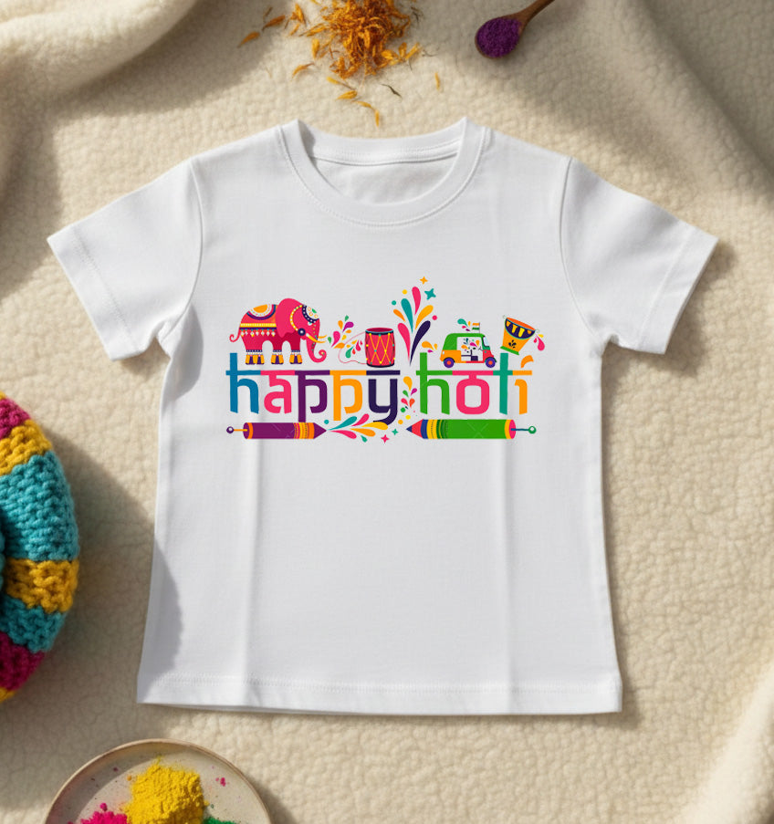 New Born & Baby Clothing | Happy Holi Kid's T-shirt | Soft Cotton