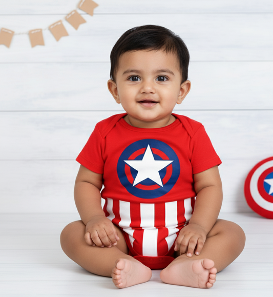 Little Hero Shield  – Captain Baby Edition  With Customized Baby Name_ Red Onesie