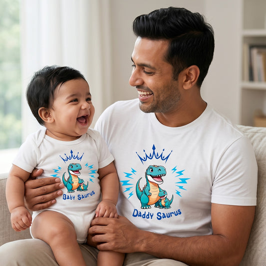 New Born & Baby Clothing | Daddy Saurus white Twinning Sets T-shirt and onesie | Soft Cotton
