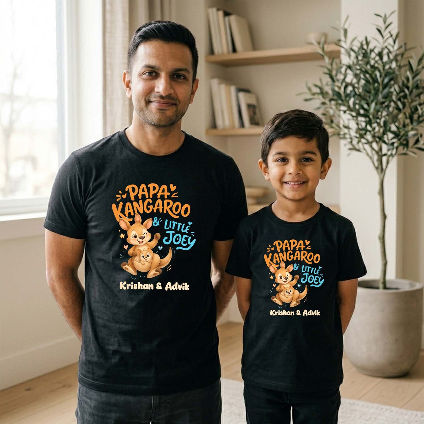 New Born & Baby Clothing | Papa Kangaroo & Baby Kangaroo Together Father & Son Twinning Black Sets | Soft T-shirt