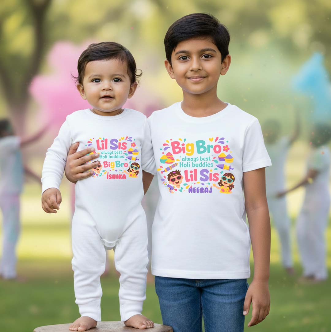 New Born & Baby Clothing | Lil Sis Big Bro Twinning Holi Outfits With Customized Baby Name |  | Soft Cotton