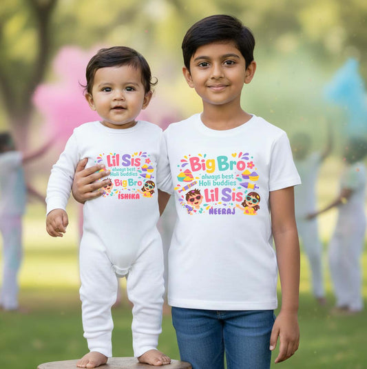 New Born & Baby Clothing | Lil Sis Big Bro Twinning Holi Outfits With Customized Baby Name |  | Soft Cotton