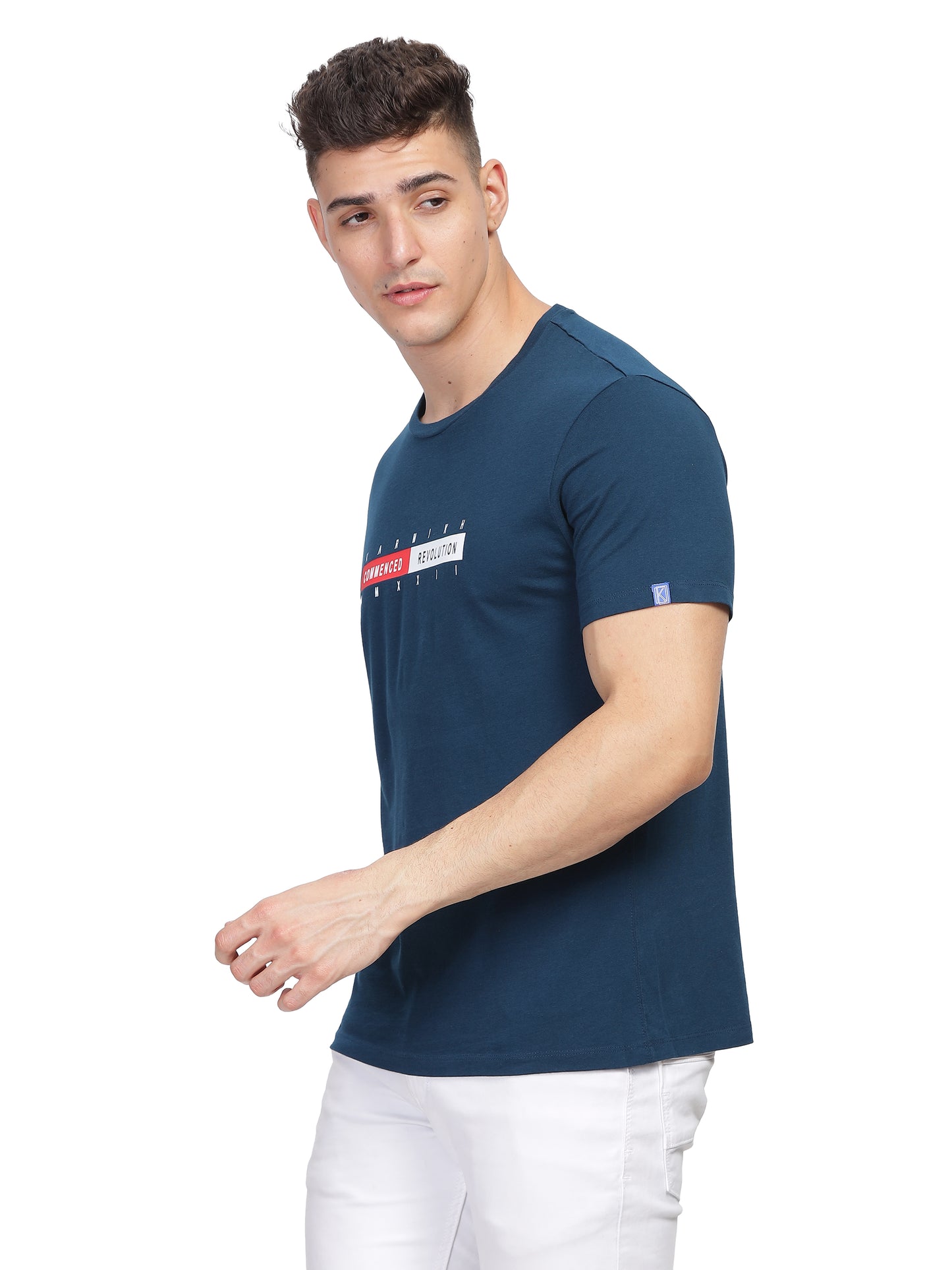 Men Round Neck Premium Organic Cotton Commenced Tshirt - Prussian Blue