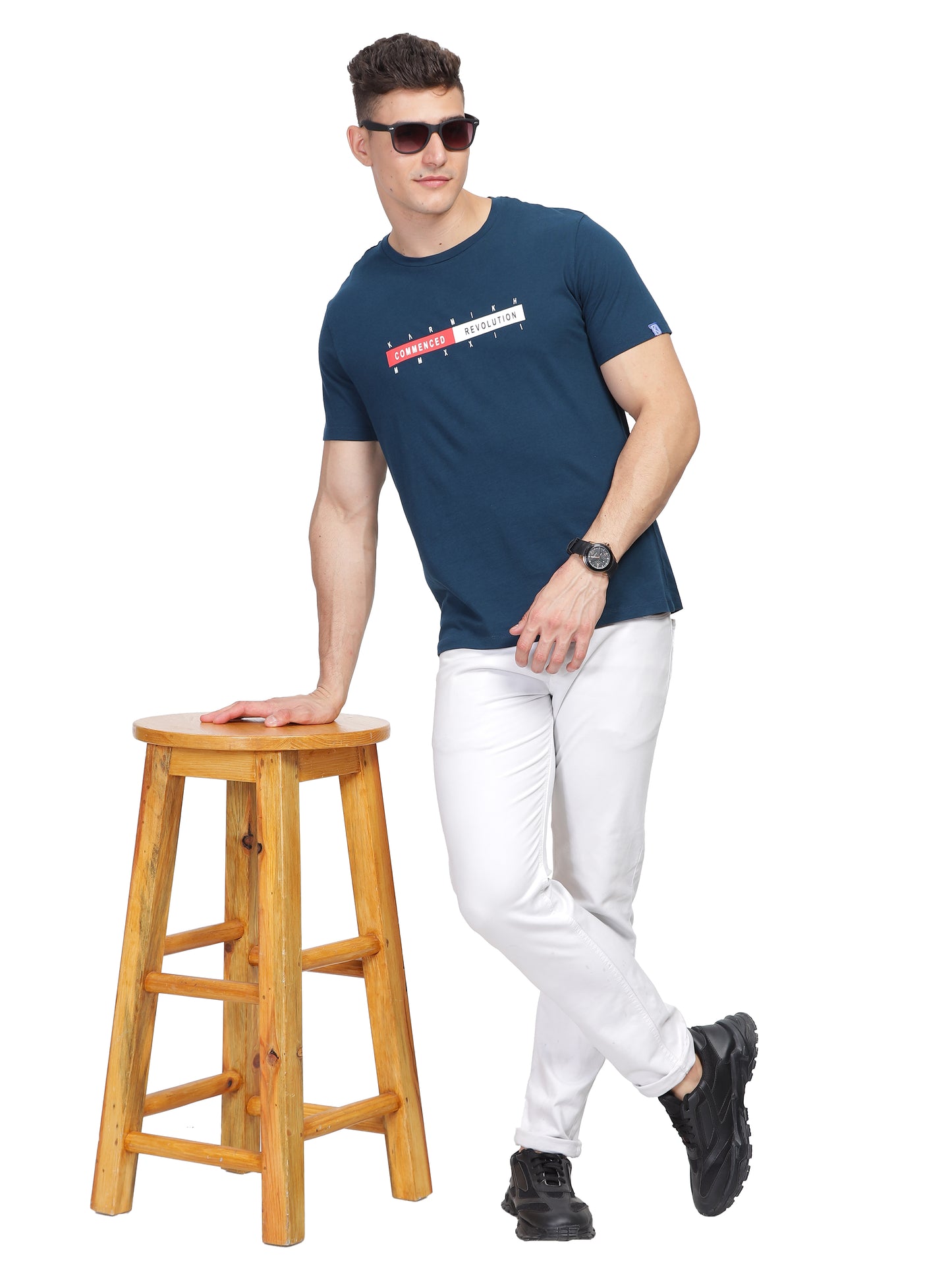 Men Round Neck Premium Organic Cotton Commenced Tshirt - Prussian Blue