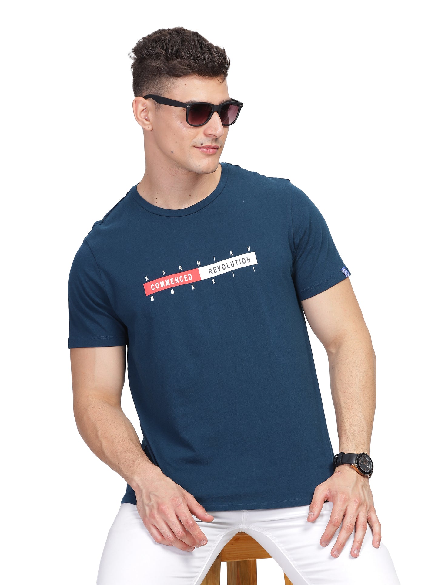 Men Round Neck Premium Organic Cotton Commenced Tshirt - Prussian Blue