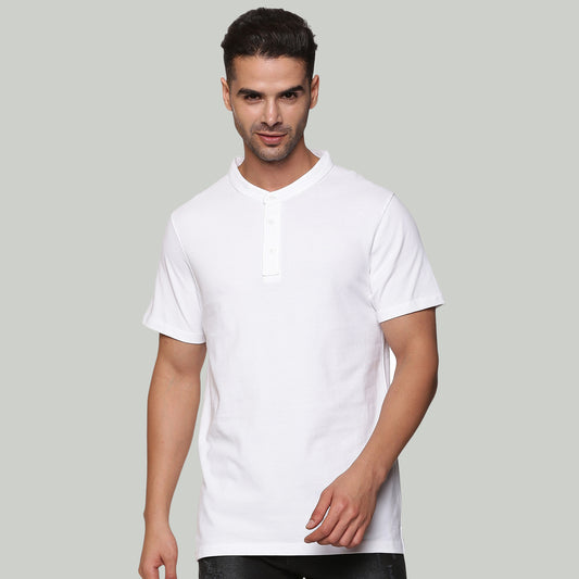 Men White Mandarin Collar Organic Cotton T-Shirt