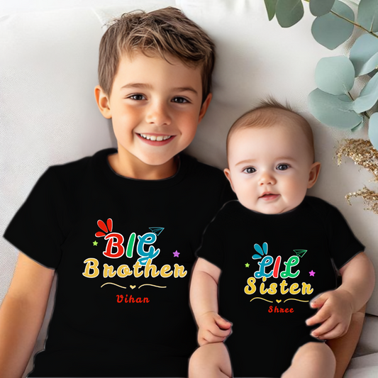 Combo pack of Big Brother, Little Sister with customised name_ Black Tees and Romper