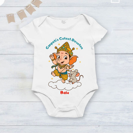 Ganpati's Cutest Devotee with customised name_ White Onesie