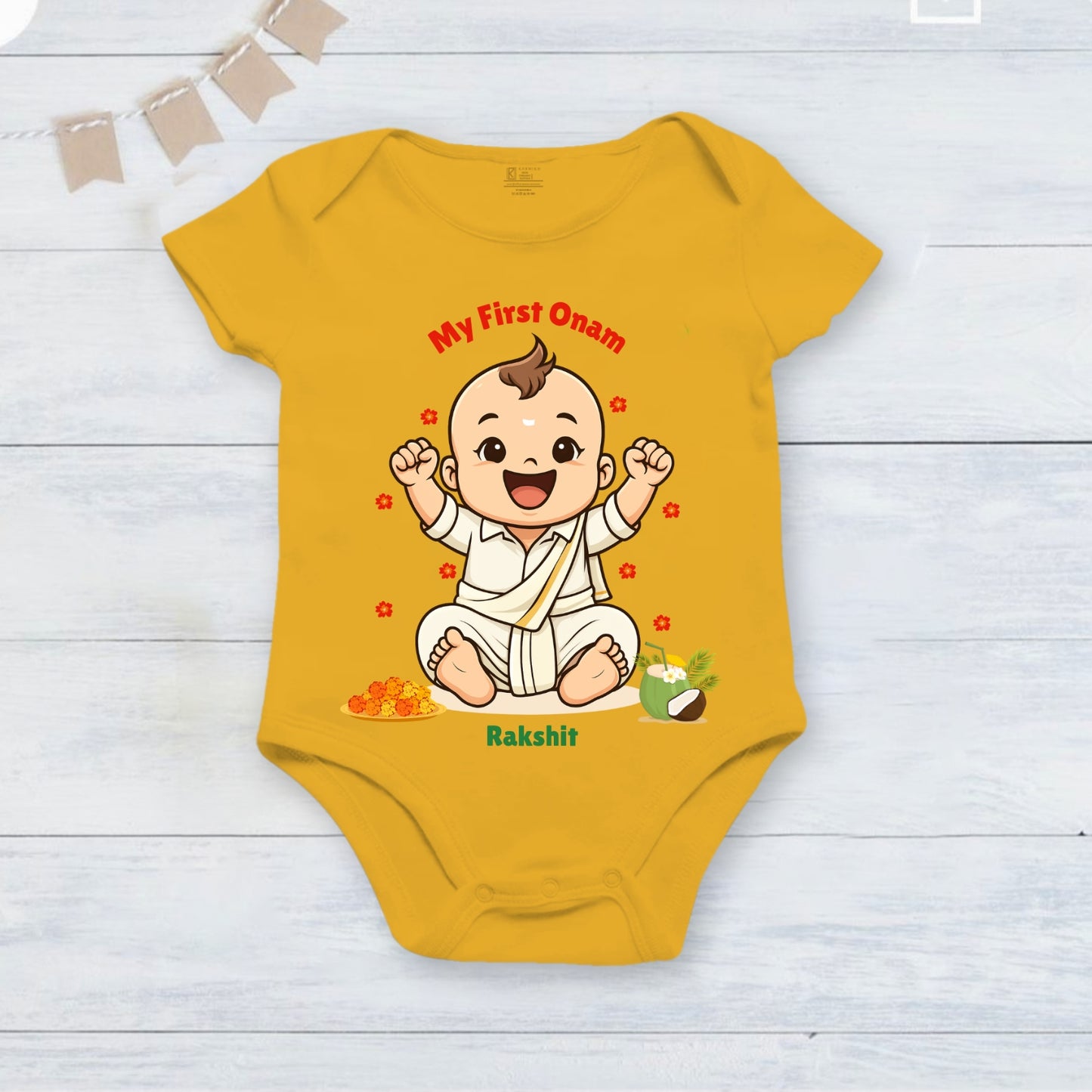 My First Onam with customised name_ Yellow Romper